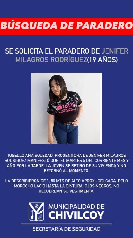 Se solicita el paradero de Jenifer Milagros Rodriguez(19 años)